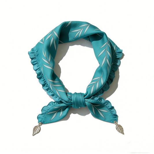 Teal Leaf Print Ruffled Headscarf