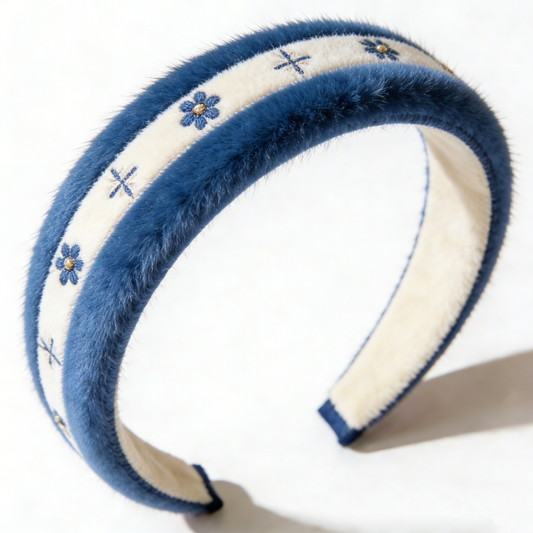 Blue Floral Embroidered Fur Headband