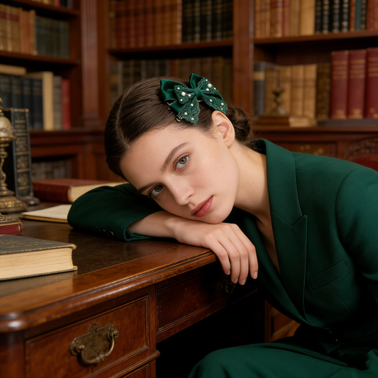 Green Velvet Lace Bow Hair Clip