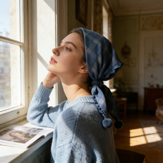 Navy Plaid Frill Headscarf