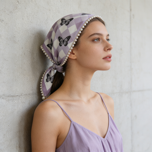 Purple Gingham Butterfly Headscarf