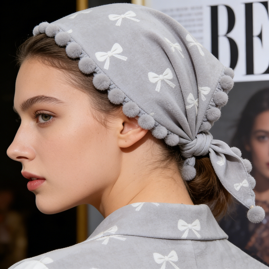 Gray Velvet Bow Pom-Pom Headband