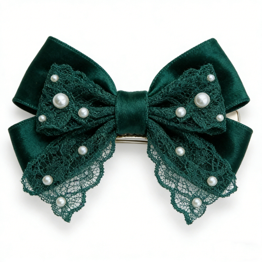 Green Velvet Lace Bow Hair Clip